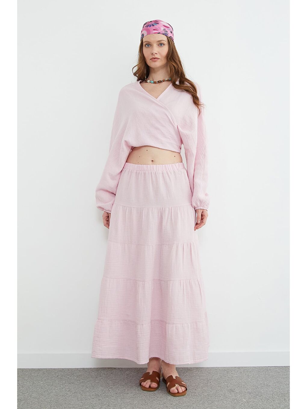 Pembe Beli Lastikli Müslin Kumaş Etek-1