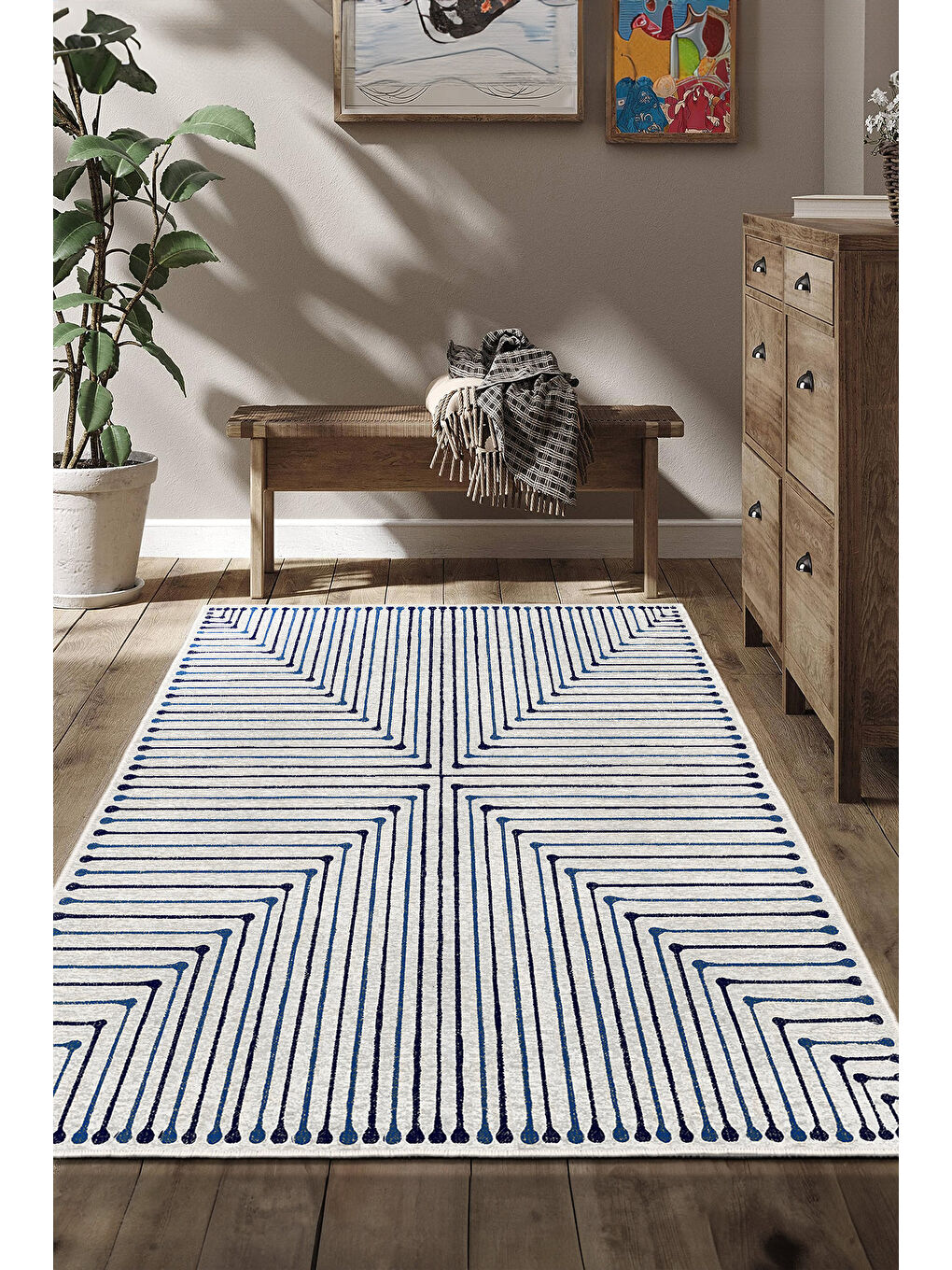 Lacivert Dekoratif Özel Tasarım Yıkanabilir İnce Kaymaz Tabanlı Modern Halı KECE FR22-1