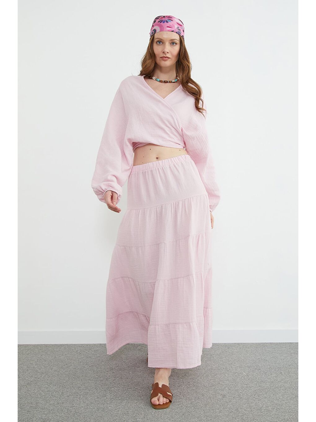 Pembe Beli Lastikli Müslin Kumaş Etek-2