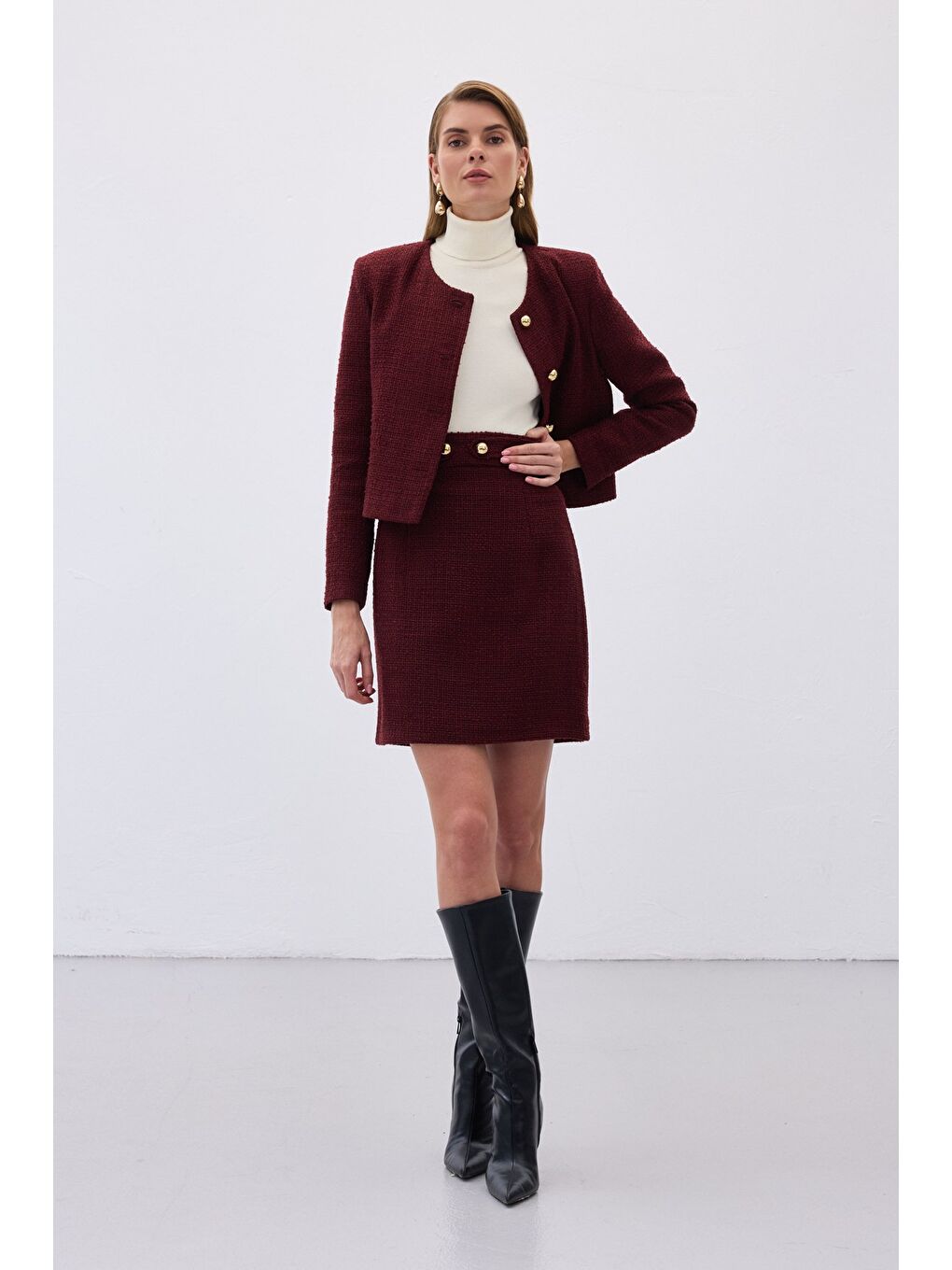 Düğme Detaylı Mini Tüvit Etek - Bordo-1