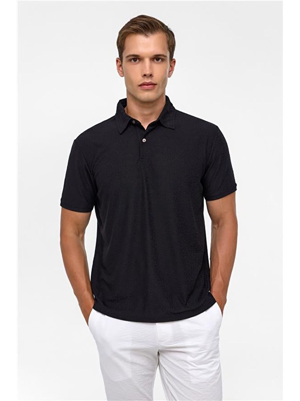 Siyah Regular Düz Polo Yaka Tişört-1
