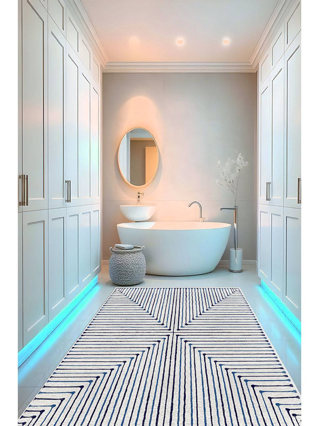 Lacivert Dekoratif Özel Tasarım Yıkanabilir İnce Kaymaz Tabanlı Modern Halı KECE FR22-3