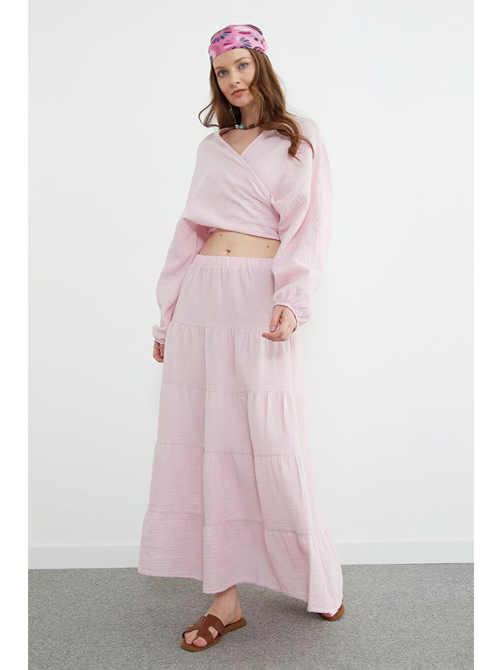 Pembe Beli Lastikli Müslin Kumaş Etek-3