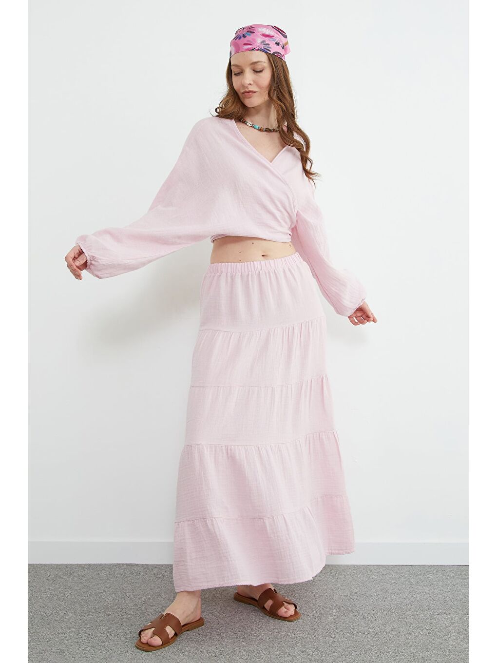 Pembe Beli Lastikli Müslin Kumaş Etek-4