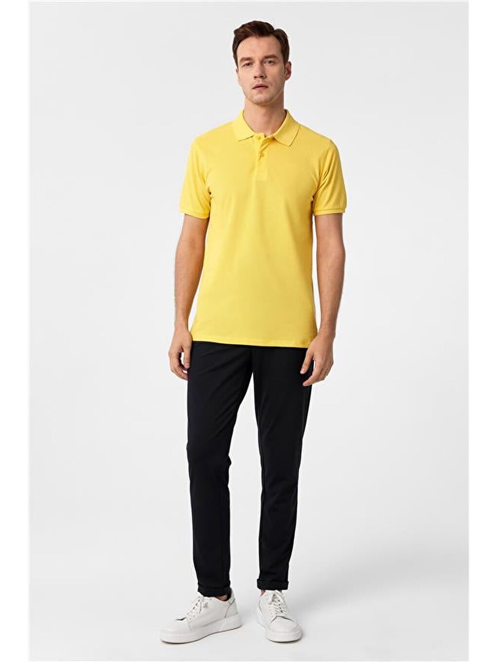 Sarı Slim Armürlü Polo Yaka Tişört-5