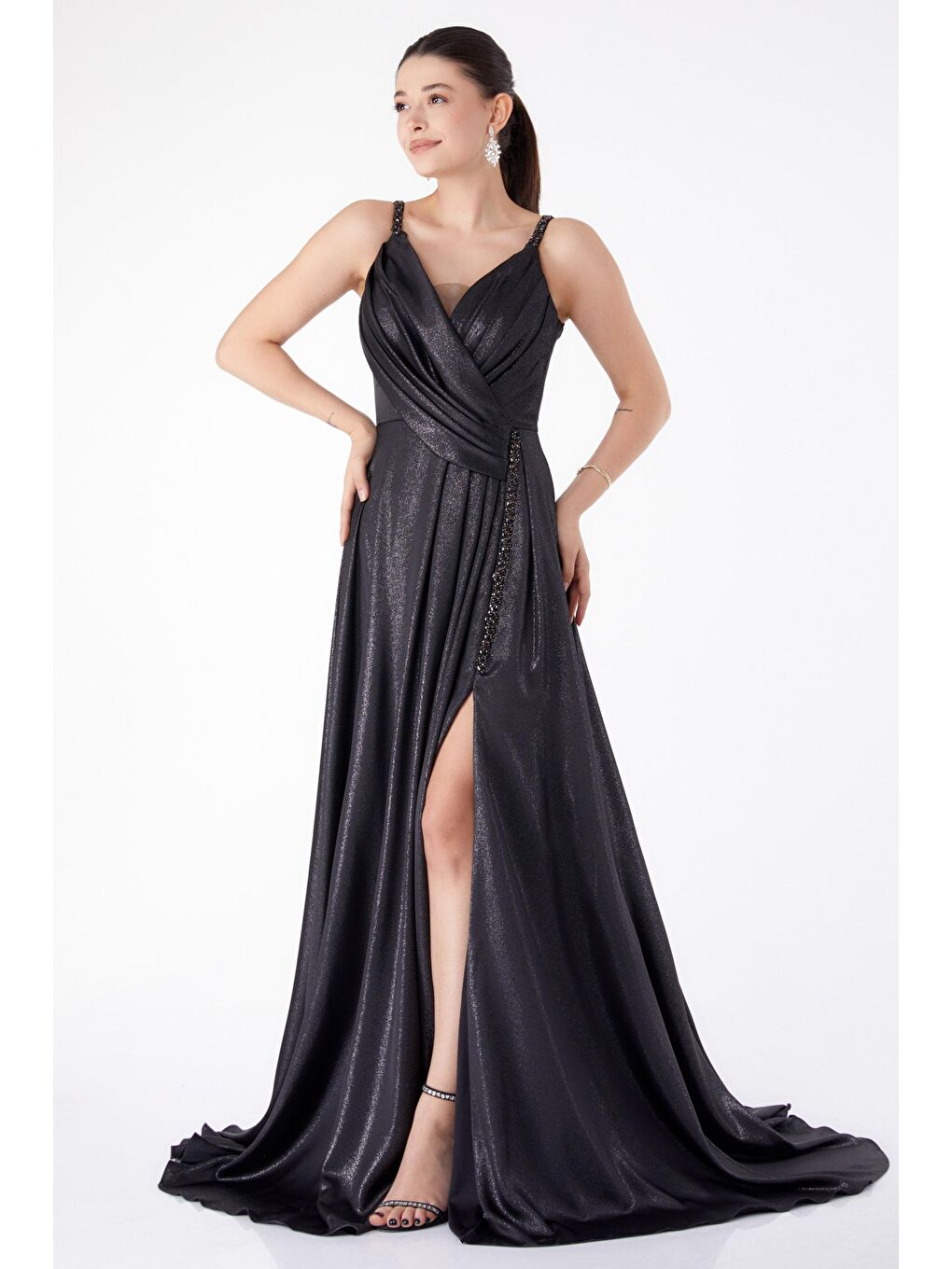 Düz Kruvaze Yaka Kadın Siyah Simli Kolsuz Abiye Ese - 25459-1