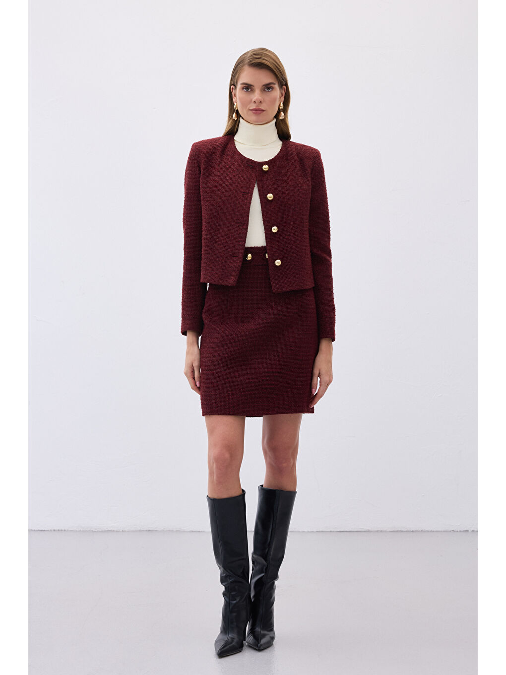 Düğme Detaylı Mini Tüvit Etek - Bordo-4