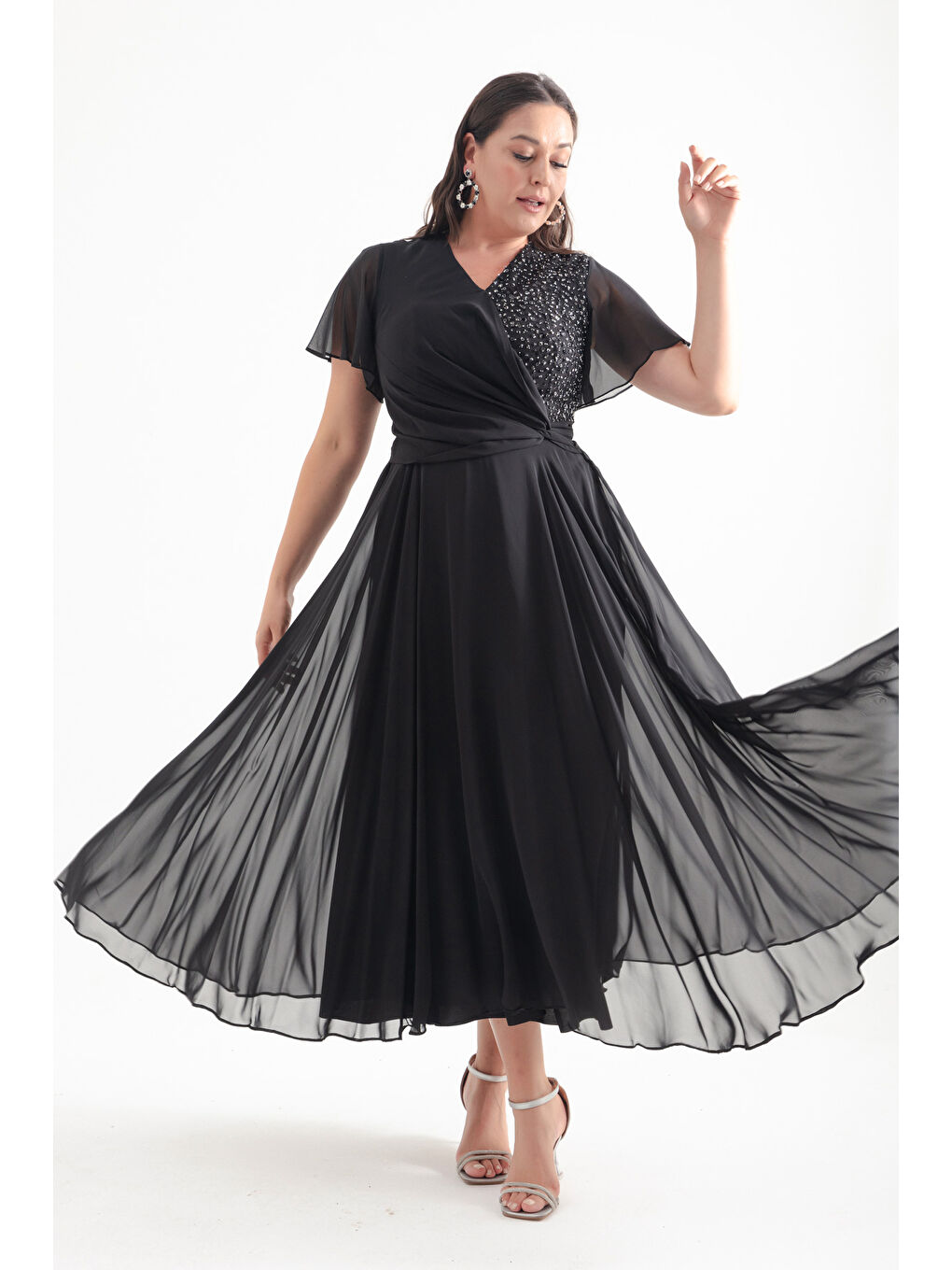 Kadın Siyah Kruvzae Yaka Simli Büyük Beden Uzun Abiye Elbise