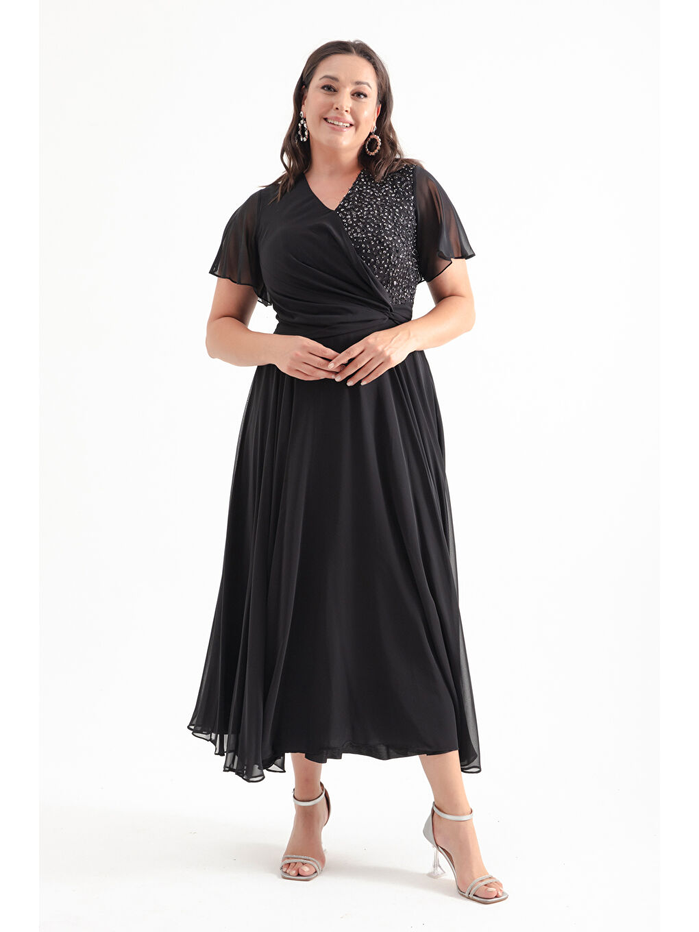 Kadın Siyah Kruvzae Yaka Simli Büyük Beden Uzun Abiye Elbise-1