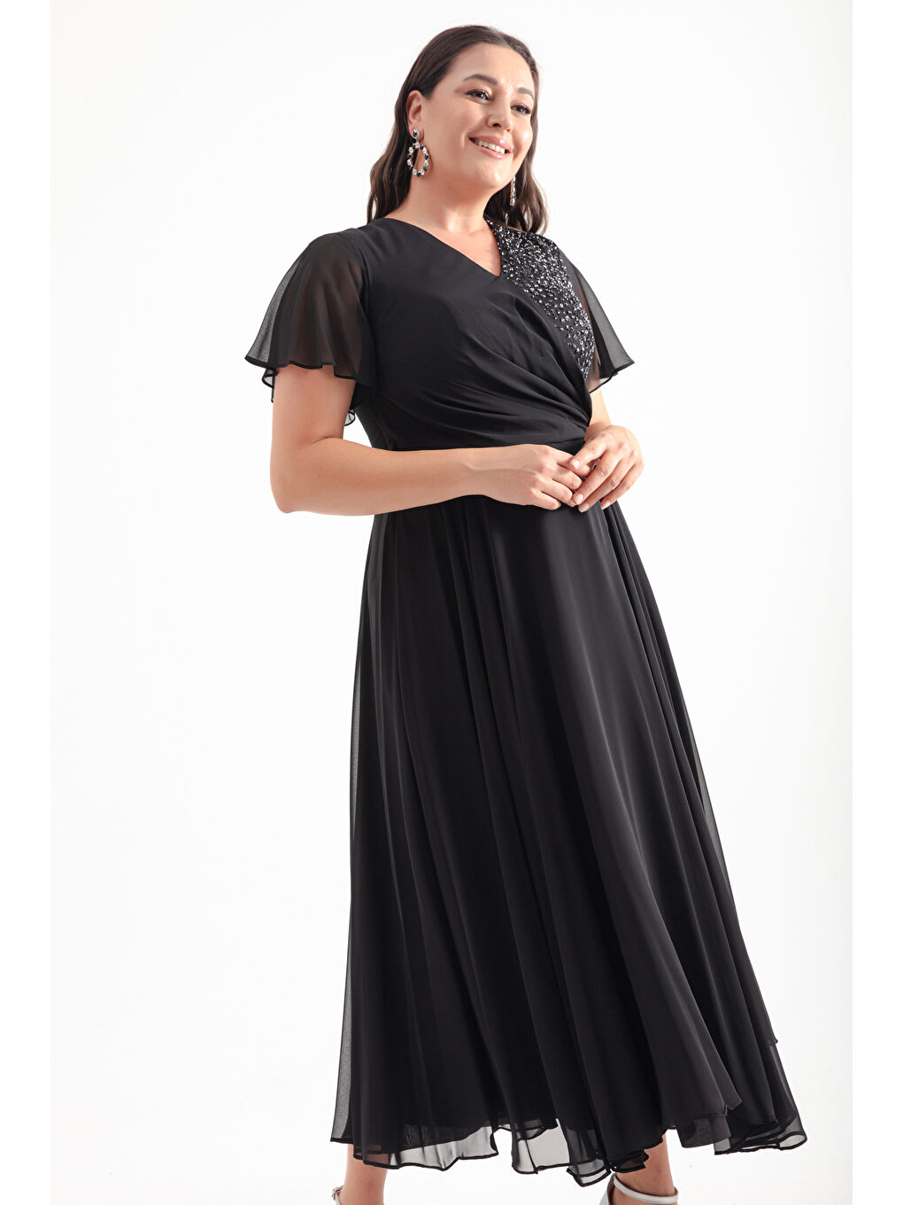 Kadın Siyah Kruvzae Yaka Simli Büyük Beden Uzun Abiye Elbise-2