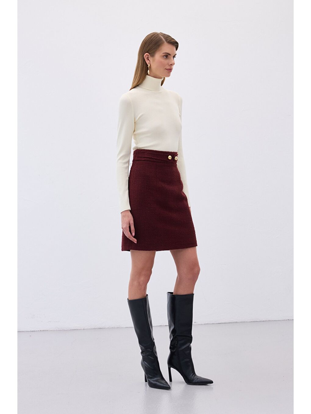 Düğme Detaylı Mini Tüvit Etek - Bordo-5