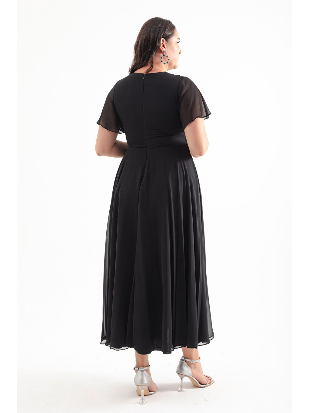 Kadın Siyah Kruvzae Yaka Simli Büyük Beden Uzun Abiye Elbise-4