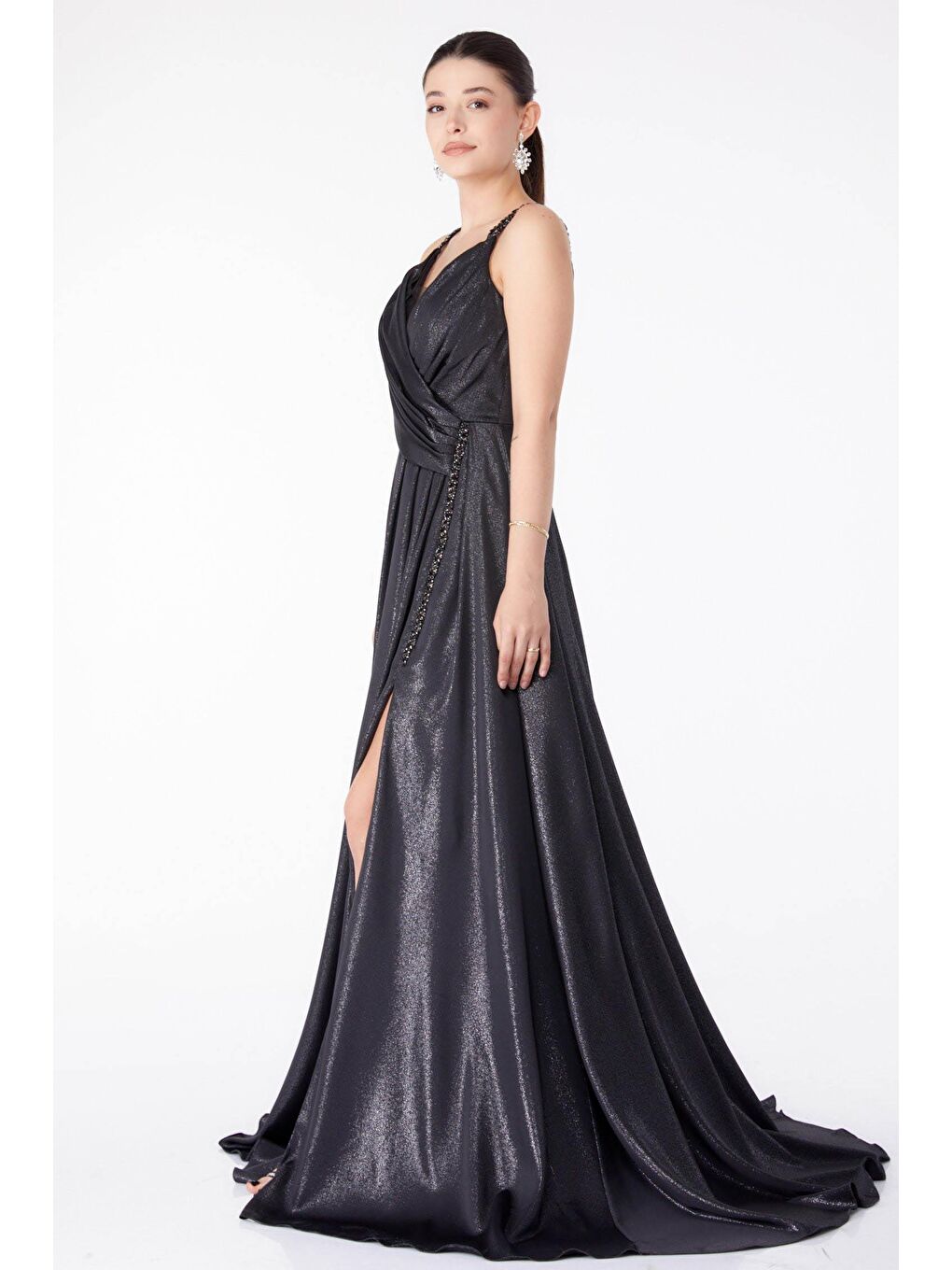 Düz Kruvaze Yaka Kadın Siyah Simli Kolsuz Abiye Ese - 25459-2