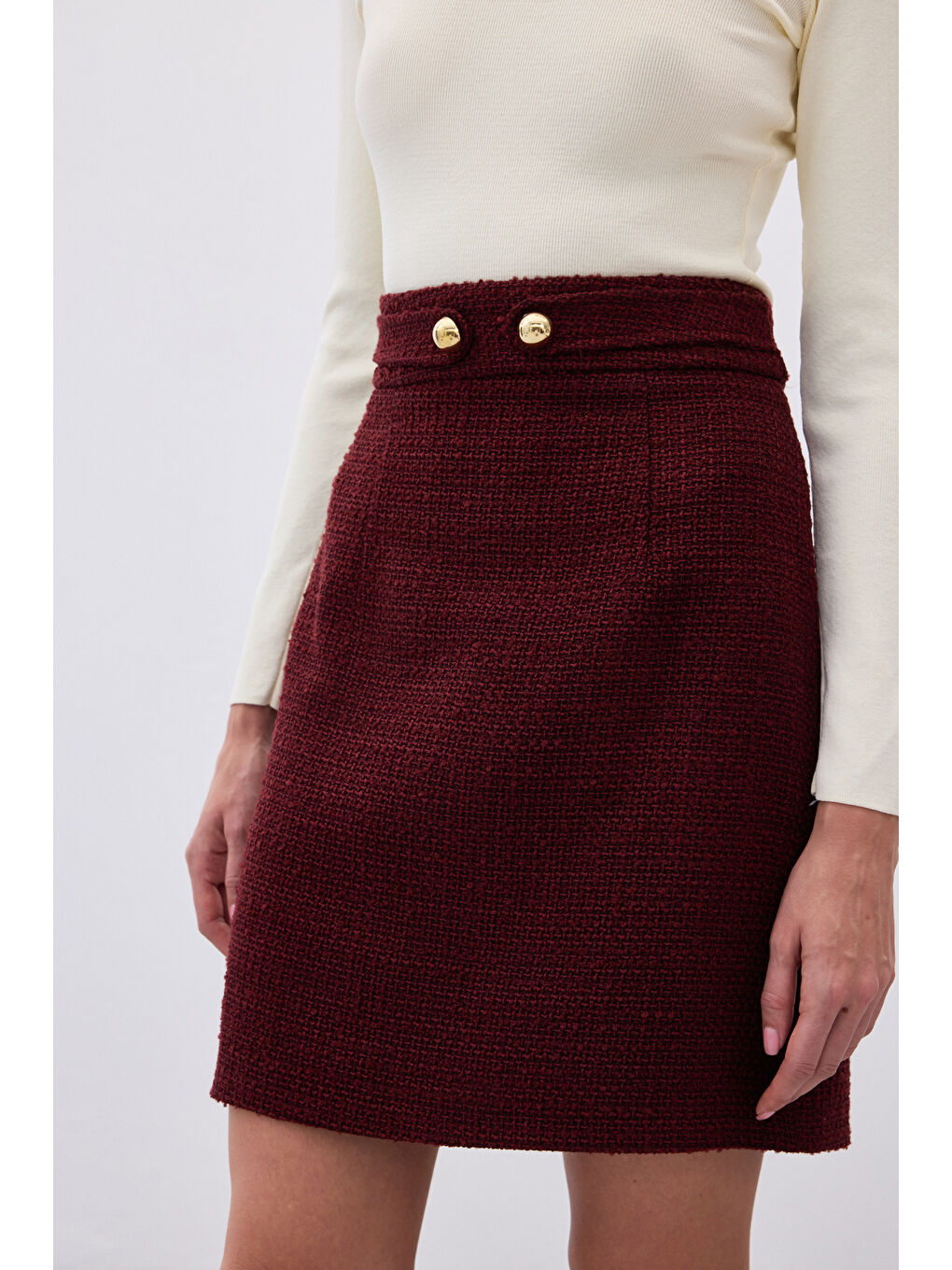 Düğme Detaylı Mini Tüvit Etek - Bordo-6