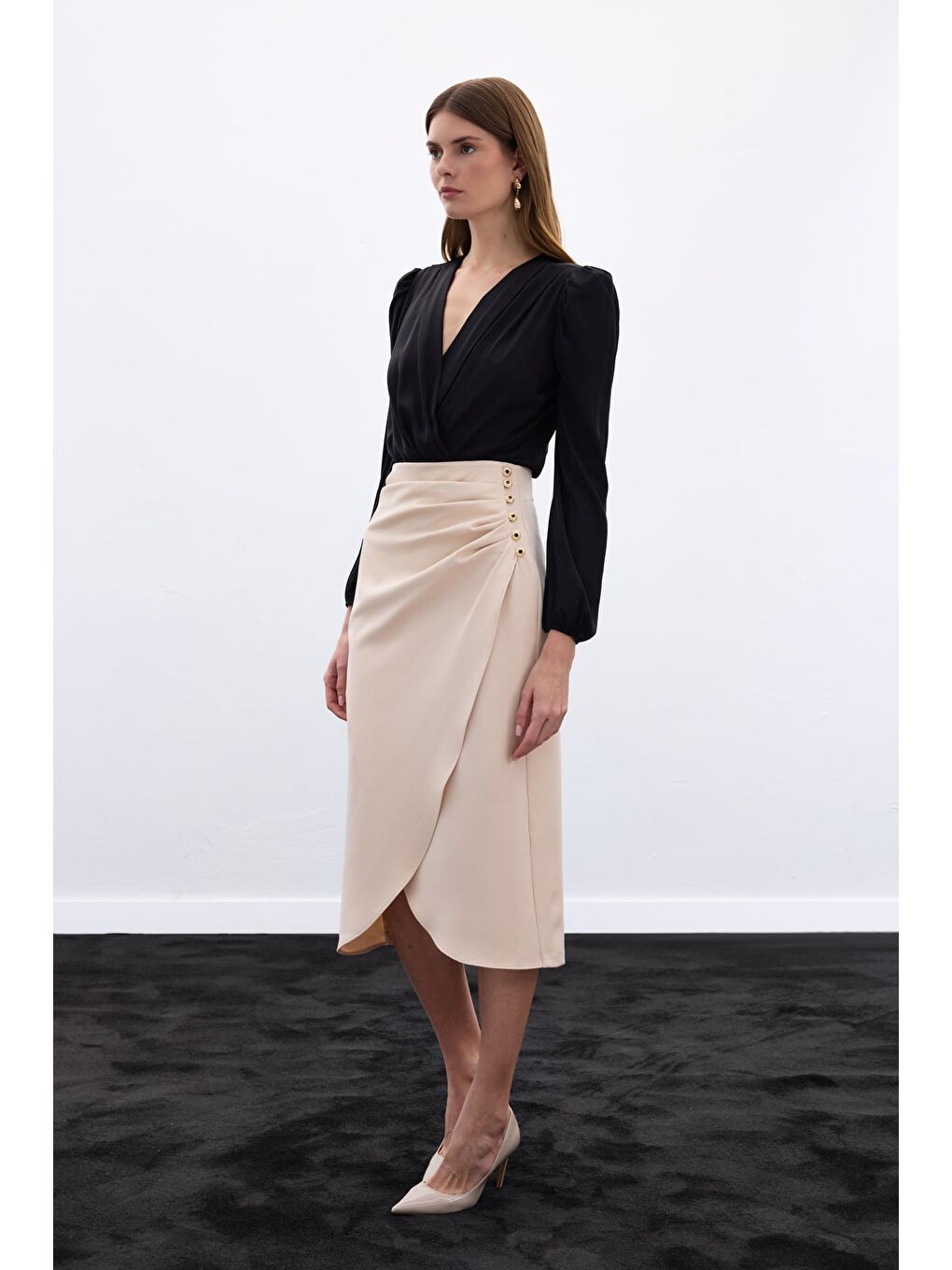 Düğme Detaylı Kalem Etek - Bej-2