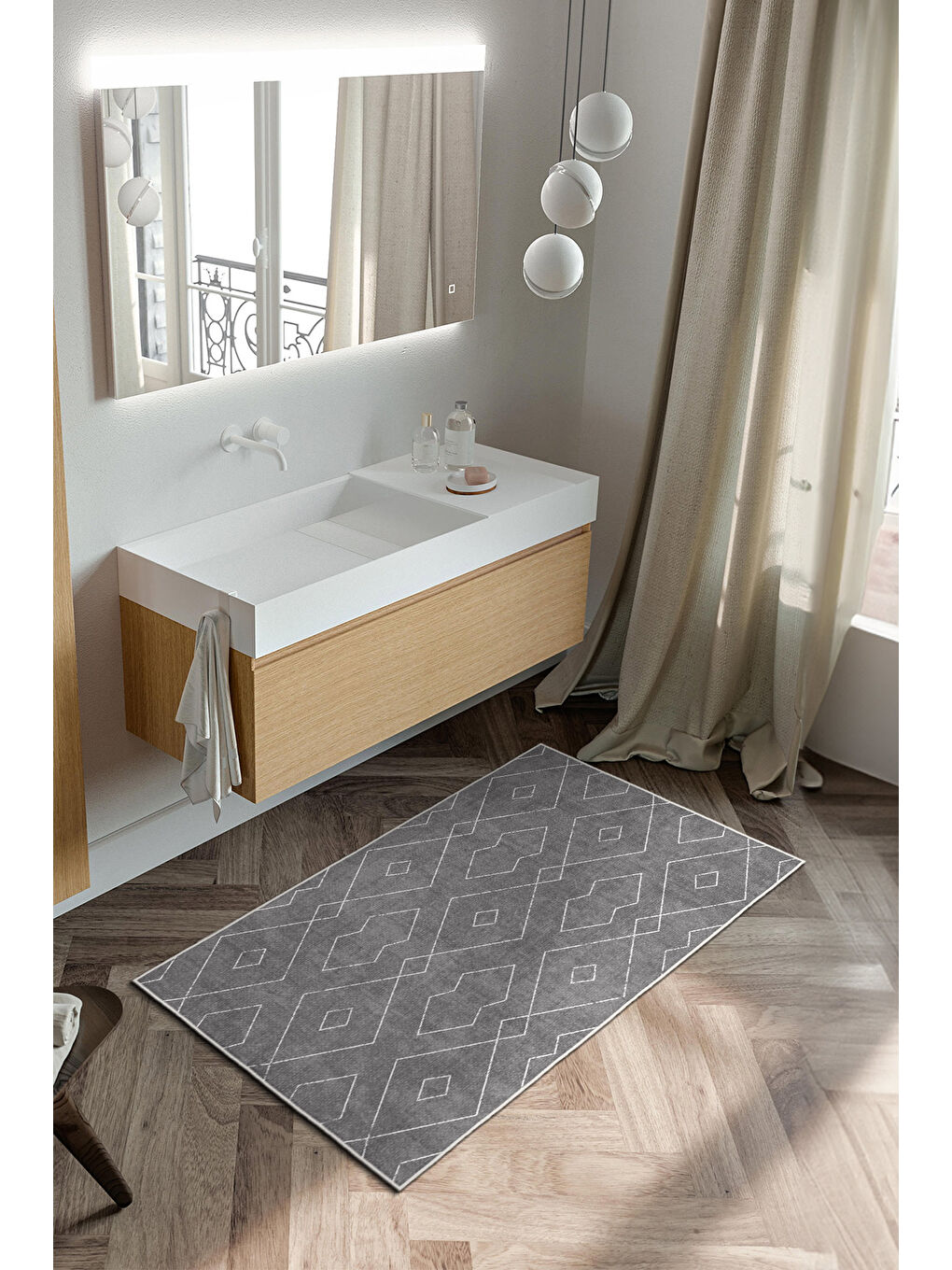 Gri Dekoratif Özel Tasarım Yıkanabilir İnce Kaymaz Tabanlı Modern Halı KECE FR21-3