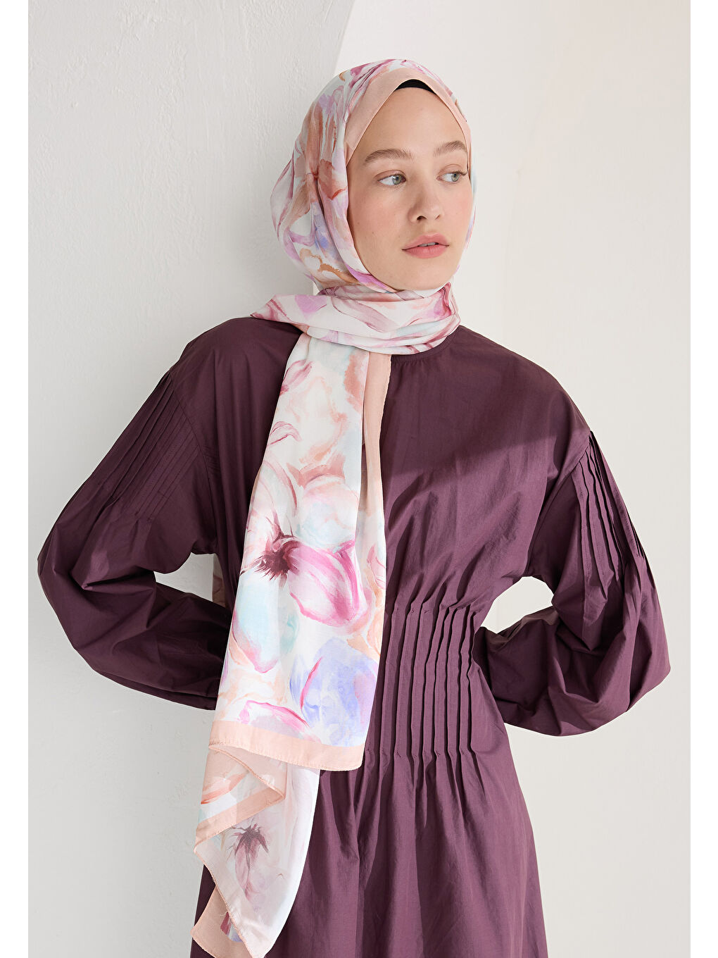 Pembe Soft Flora Floş Viskon Şal Somon-1