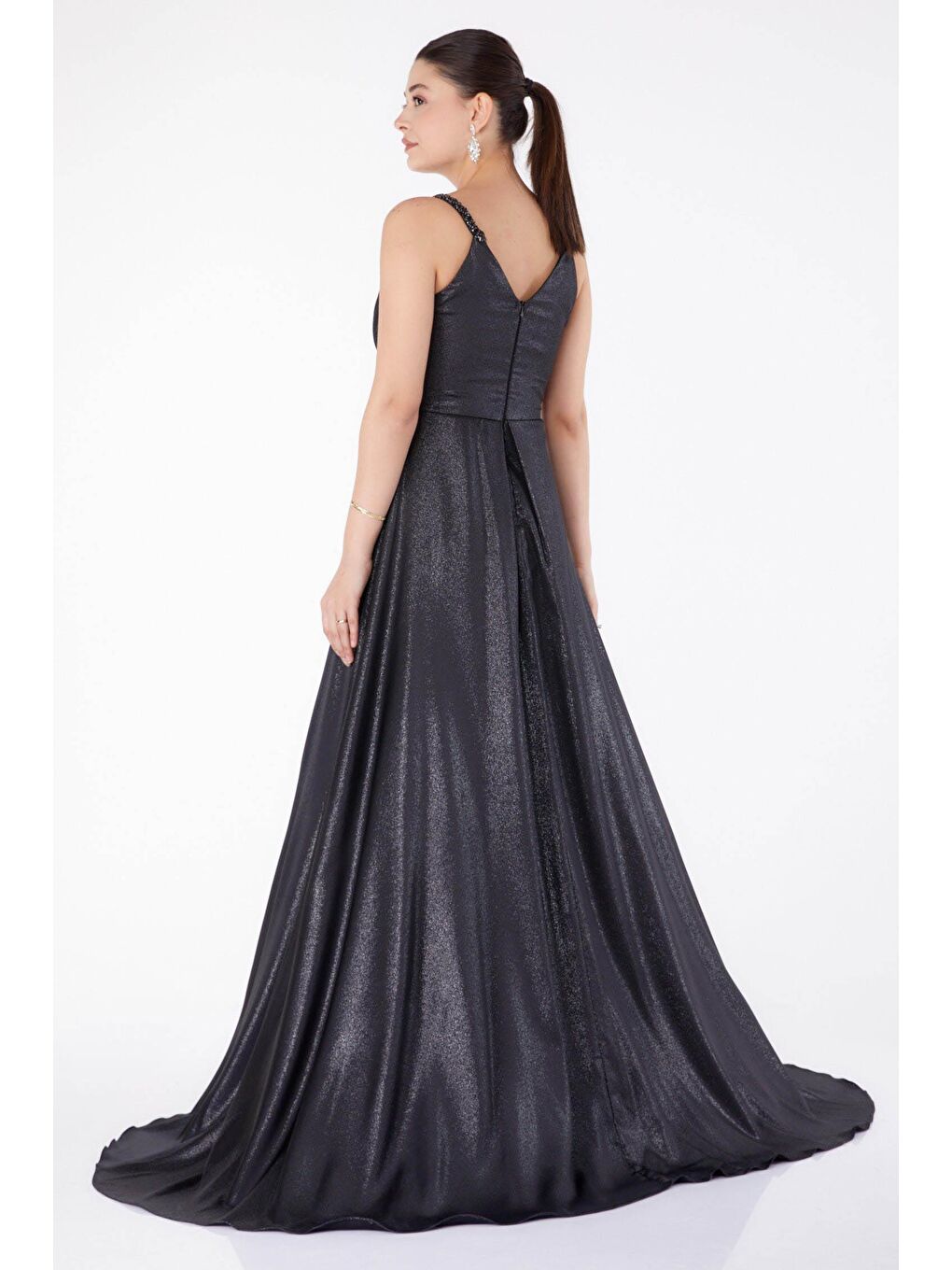 Düz Kruvaze Yaka Kadın Siyah Simli Kolsuz Abiye Ese - 25459-3