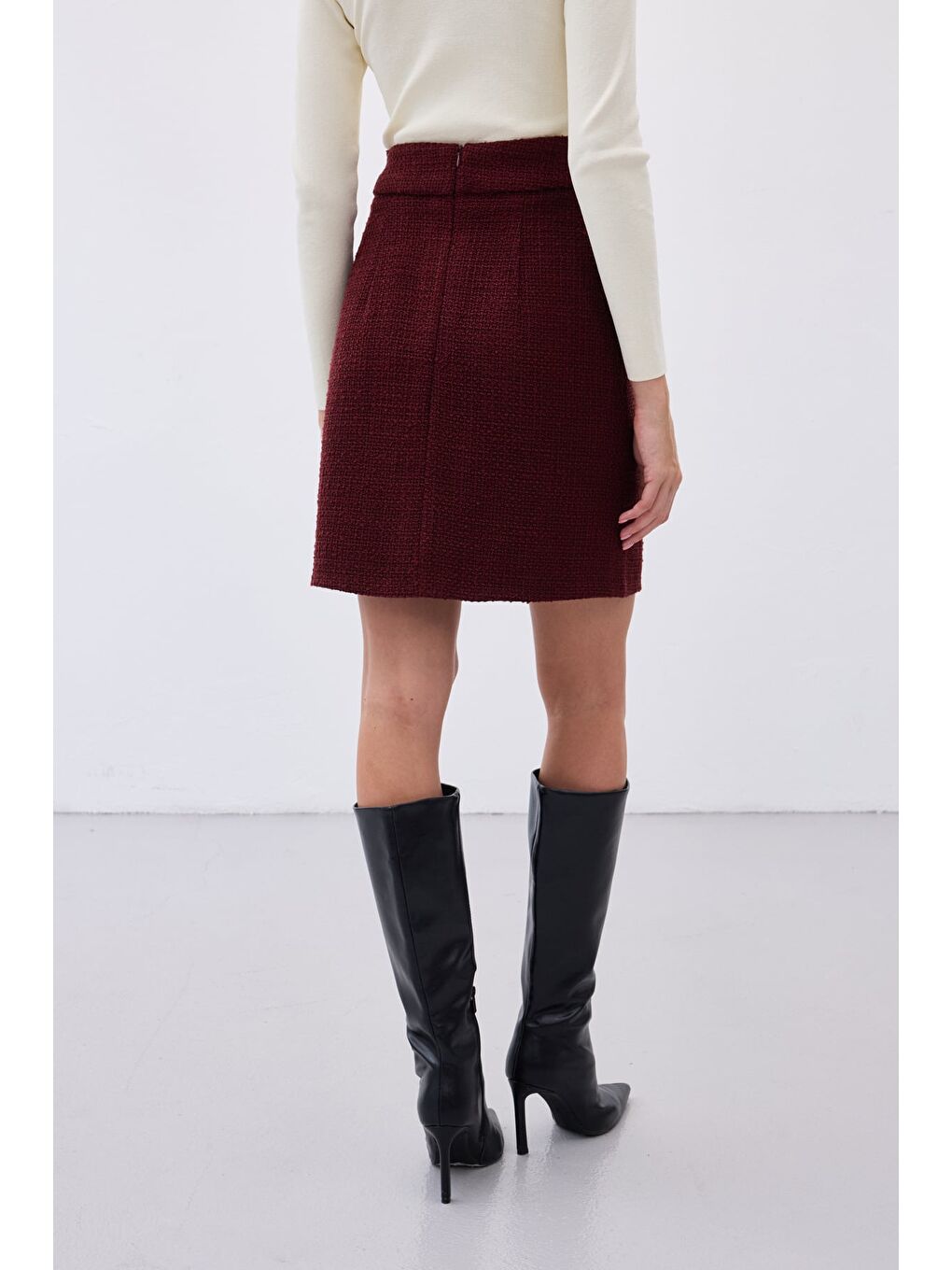 Düğme Detaylı Mini Tüvit Etek - Bordo-7