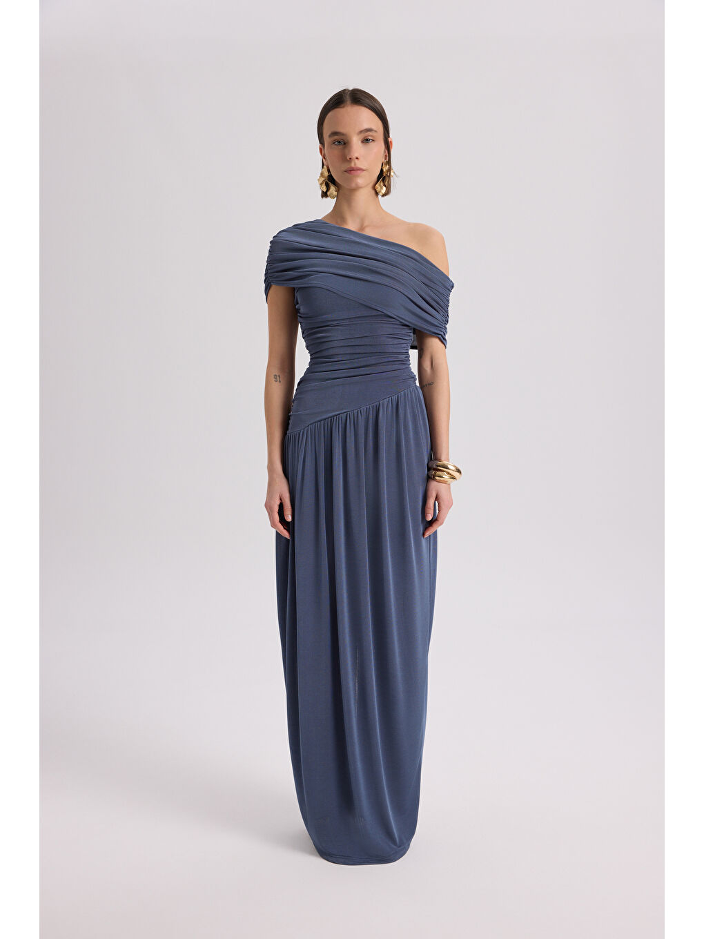 Liraya Asimetrik İndigo Uzun Elbise-1