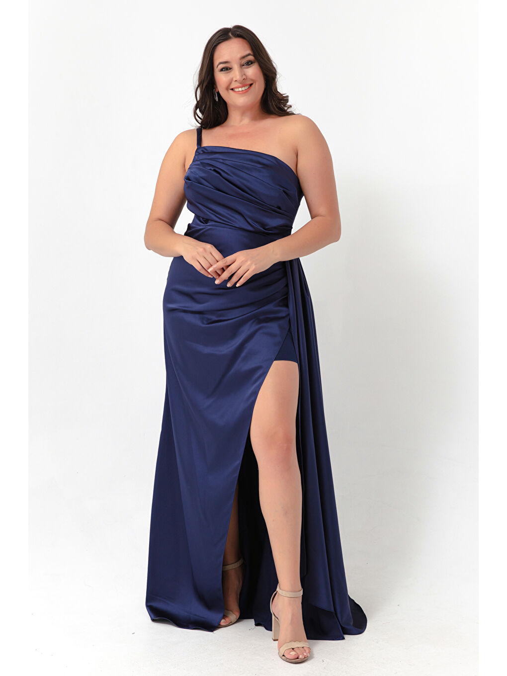 Kadın Lacivert Tek Omuzlu Büyük Beden Saten Abiye & Mezuniyet Elbisesi