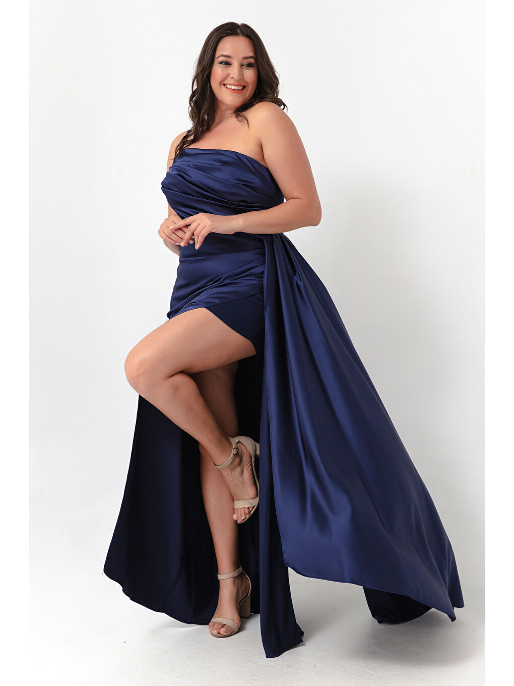 Kadın Lacivert Tek Omuzlu Büyük Beden Saten Abiye & Mezuniyet Elbisesi-1