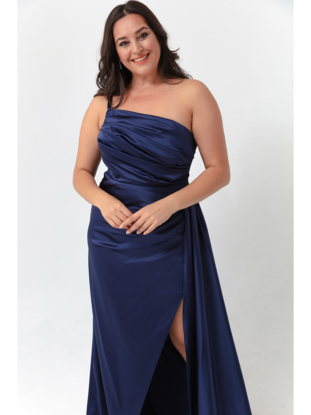 Kadın Lacivert Tek Omuzlu Büyük Beden Saten Abiye & Mezuniyet Elbisesi-2
