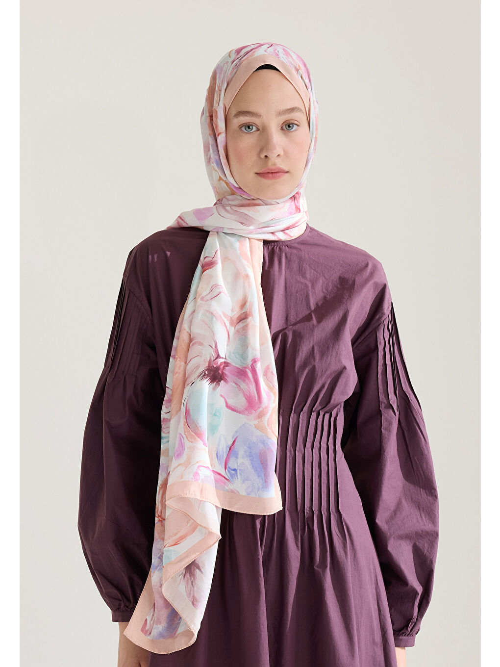 Pembe Soft Flora Floş Viskon Şal Somon-2