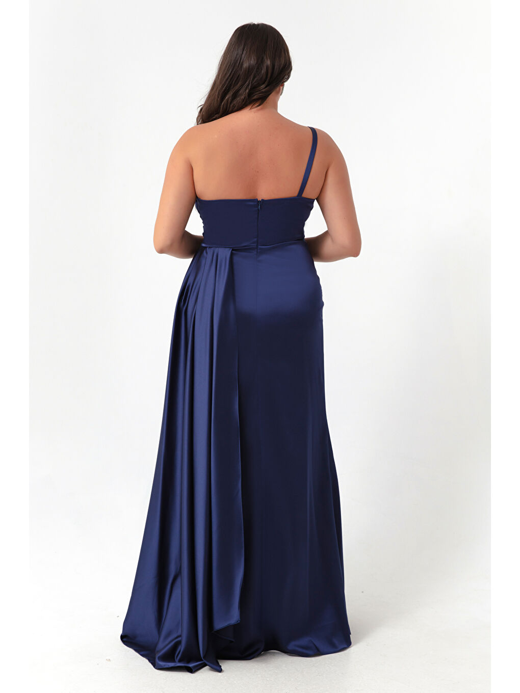 Kadın Lacivert Tek Omuzlu Büyük Beden Saten Abiye & Mezuniyet Elbisesi-4