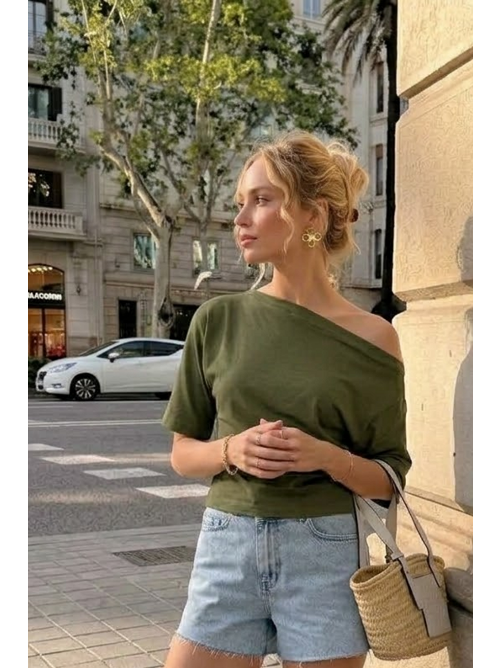 Kadın Omzu Dekolteli Basic Haki Tişört-3