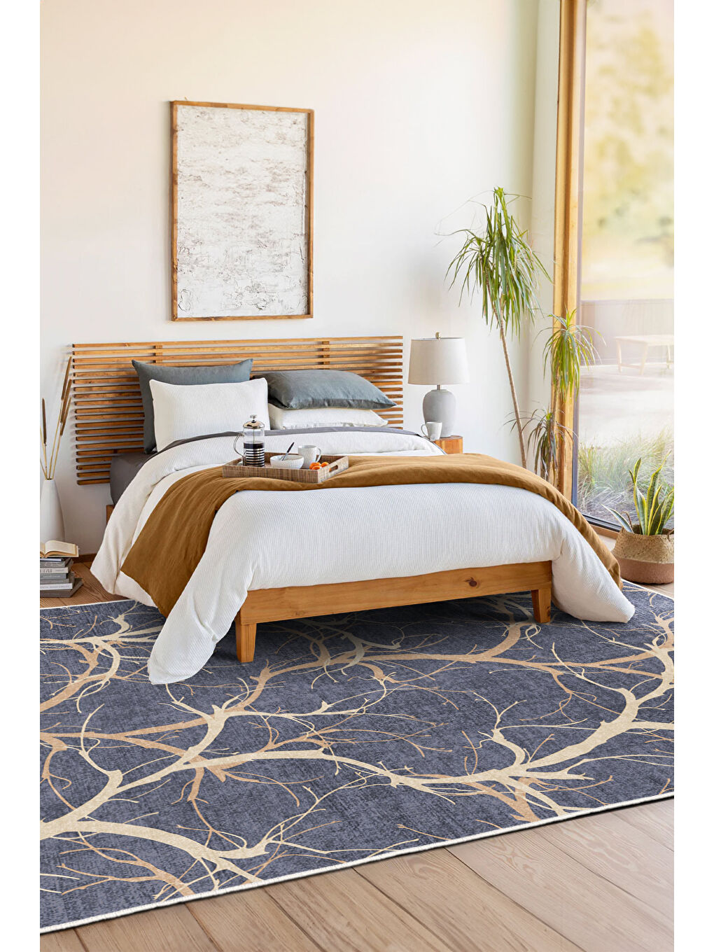 Mavi Dekoratif Özel Tasarım Yıkanabilir İnce Kaymaz Tabanlı Modern Halı KECE FR19-1