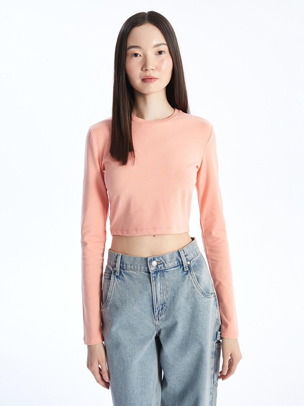 KOOR Açık Pembe Kadın Crop Basic Sweatshırt