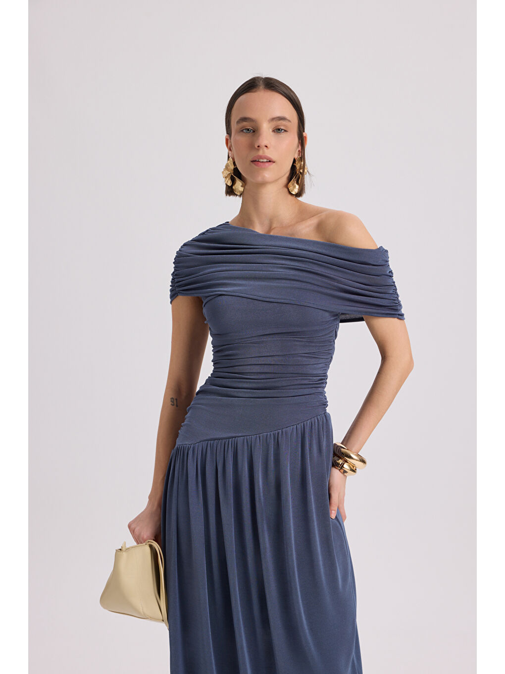 Liraya Asimetrik İndigo Uzun Elbise-4