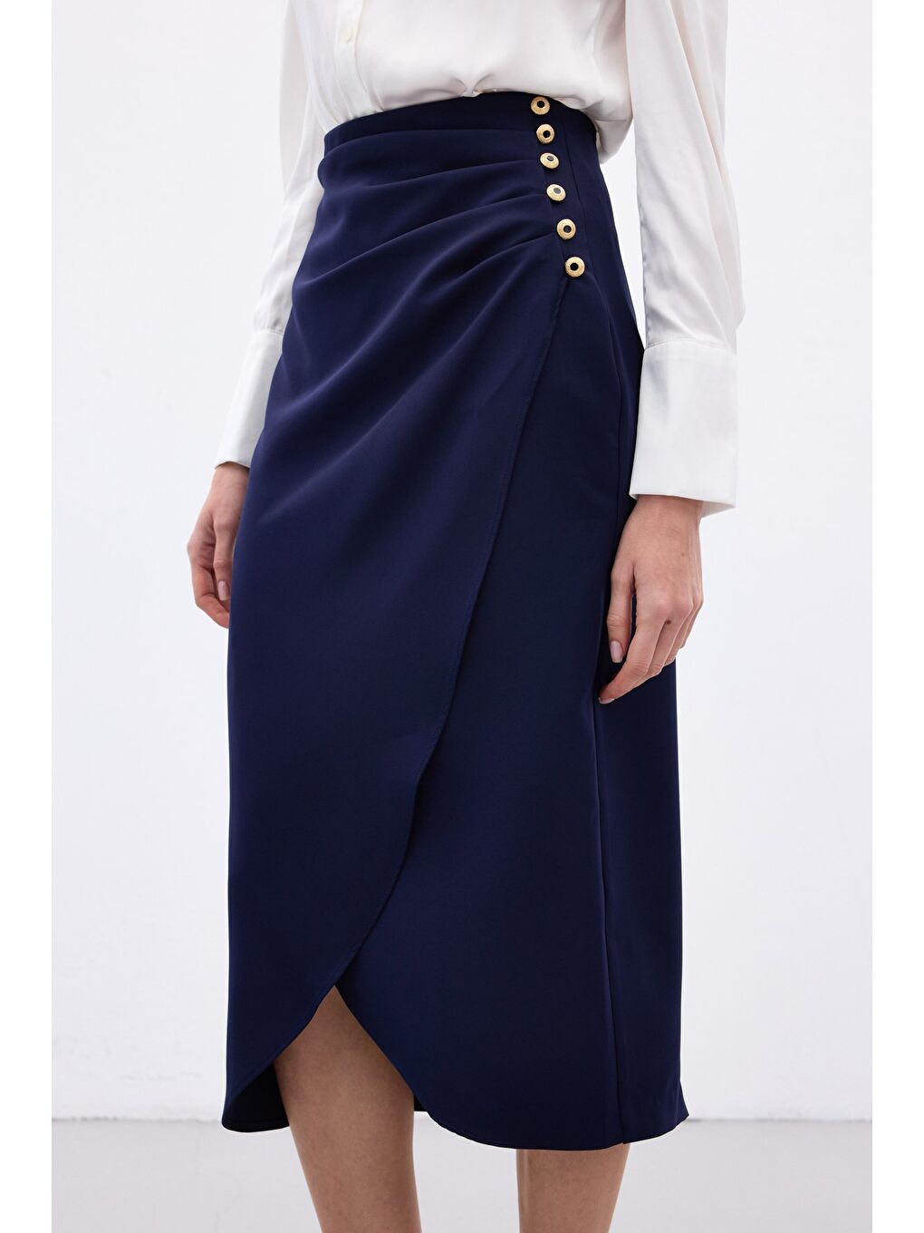 Düğme Detaylı Kalem Etek - Lacivert-4