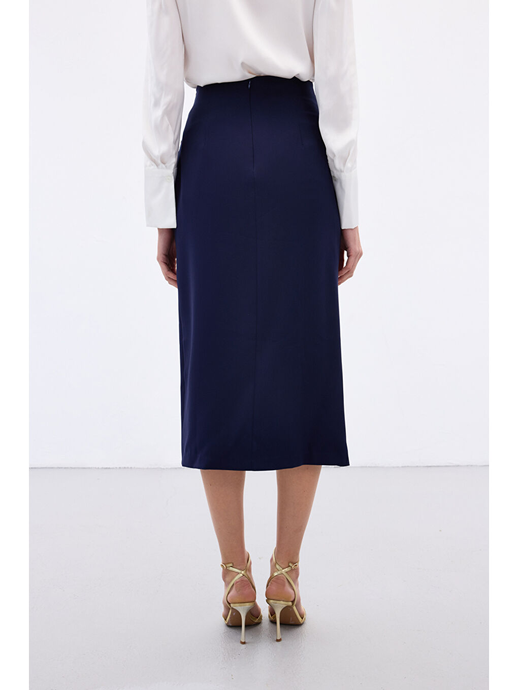 Düğme Detaylı Kalem Etek - Lacivert-5