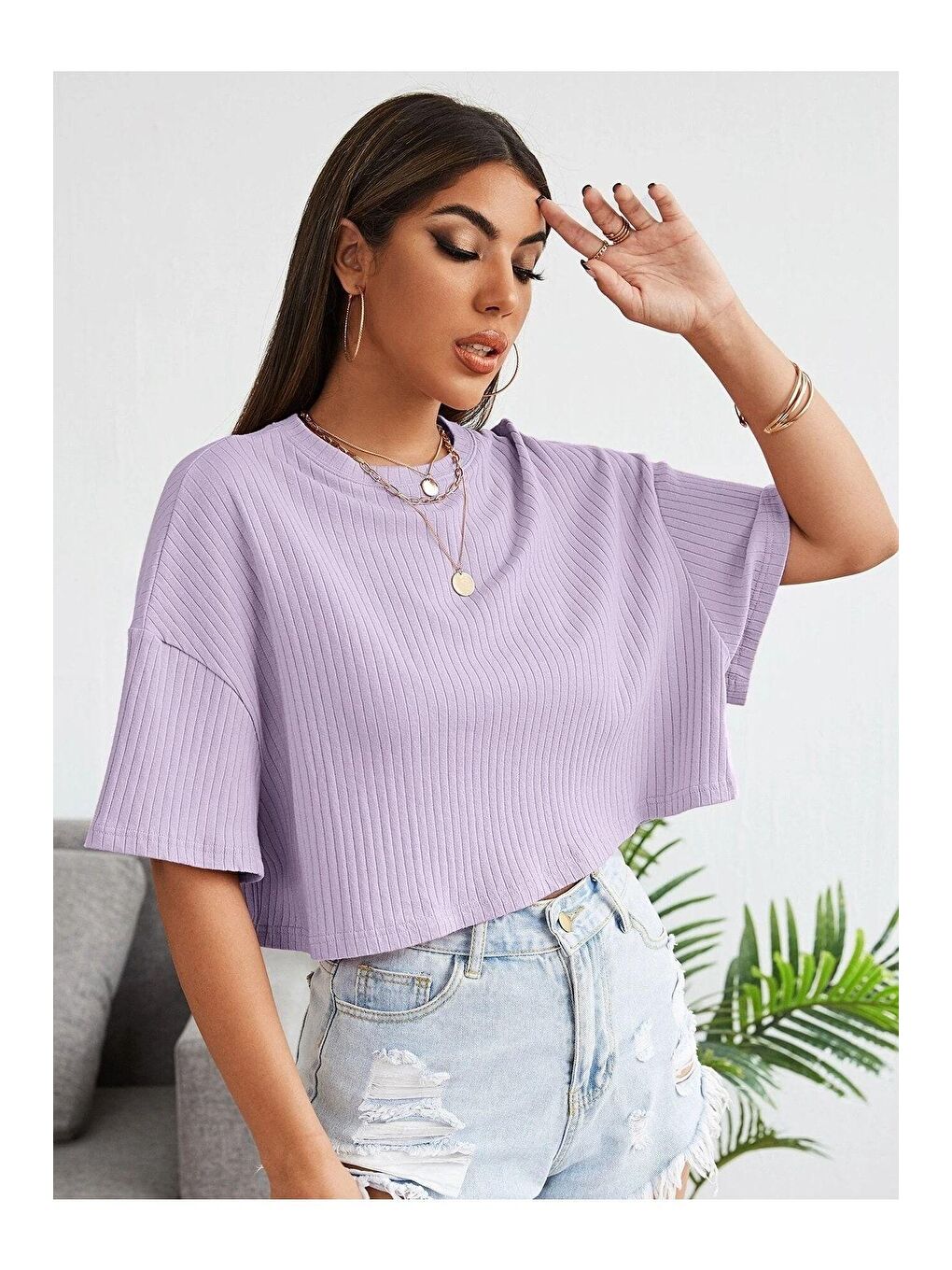 Trendseninle Kadın Lila Oversize Fitilli Bel Crop Bluz - 2