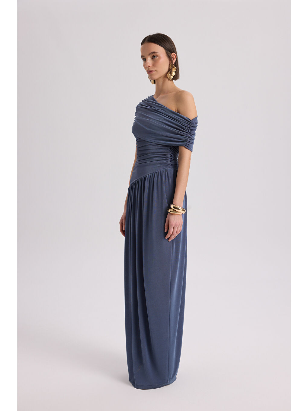 Liraya Asimetrik İndigo Uzun Elbise-5