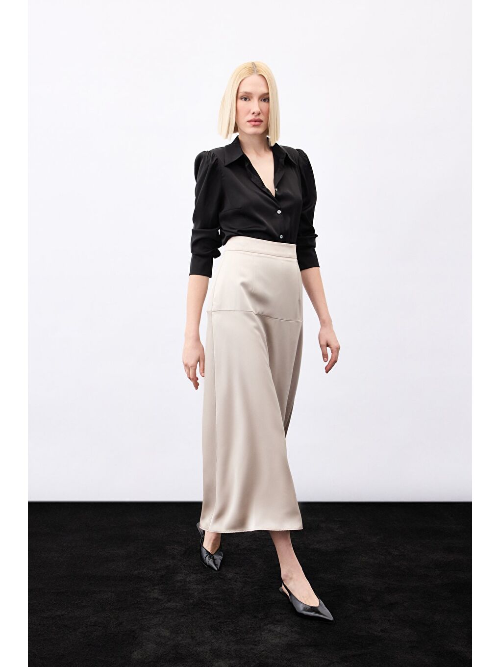 Bej Yüksek Bel Saten Etek - Vizon-1