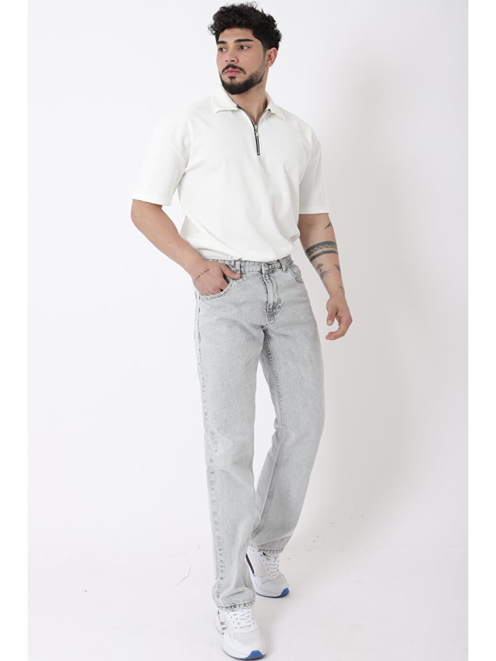 Gri Rahat Baggy %100 Pamuk Jean Pantolon MM_0405-6