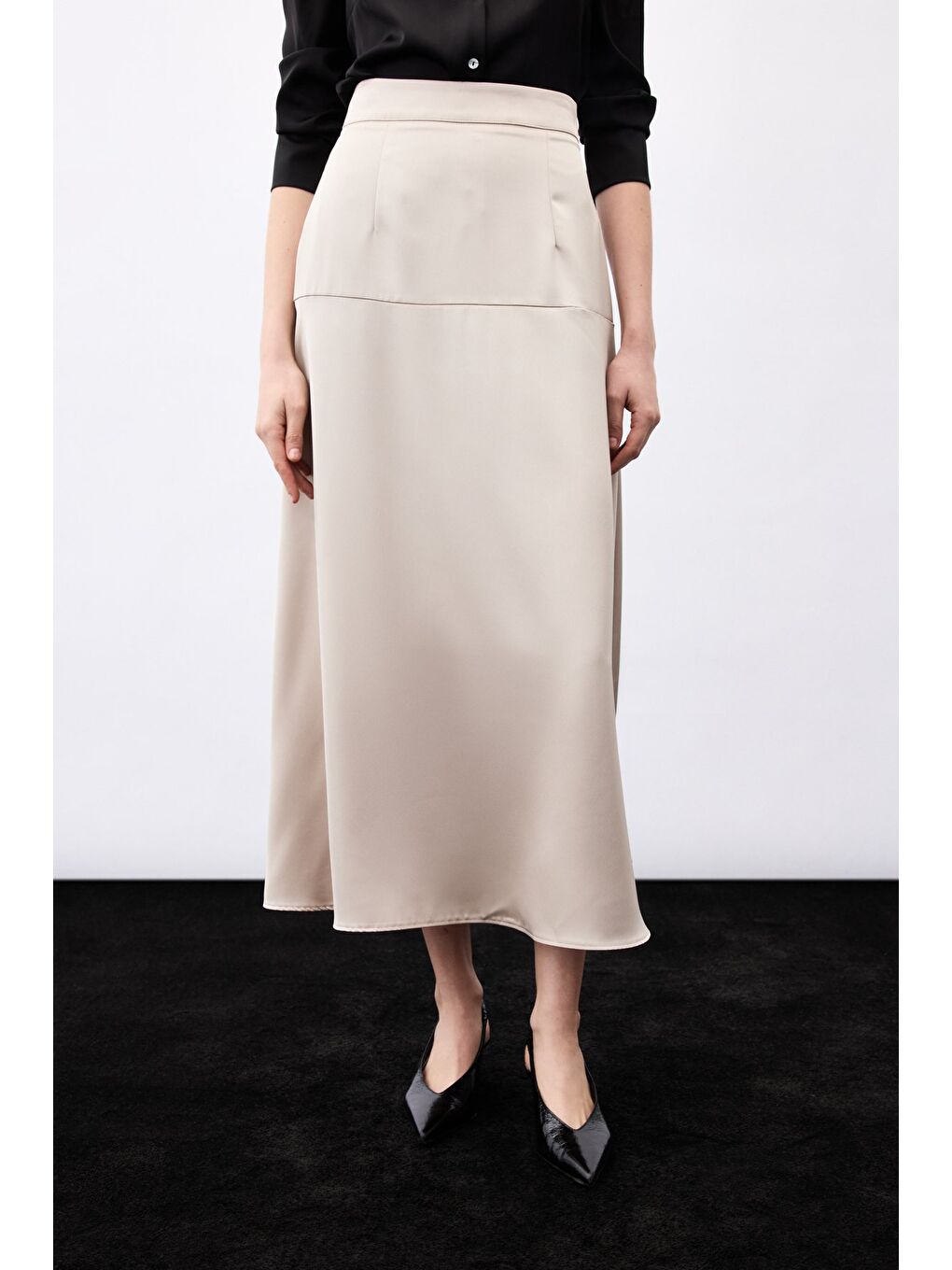 Bej Yüksek Bel Saten Etek - Vizon-2