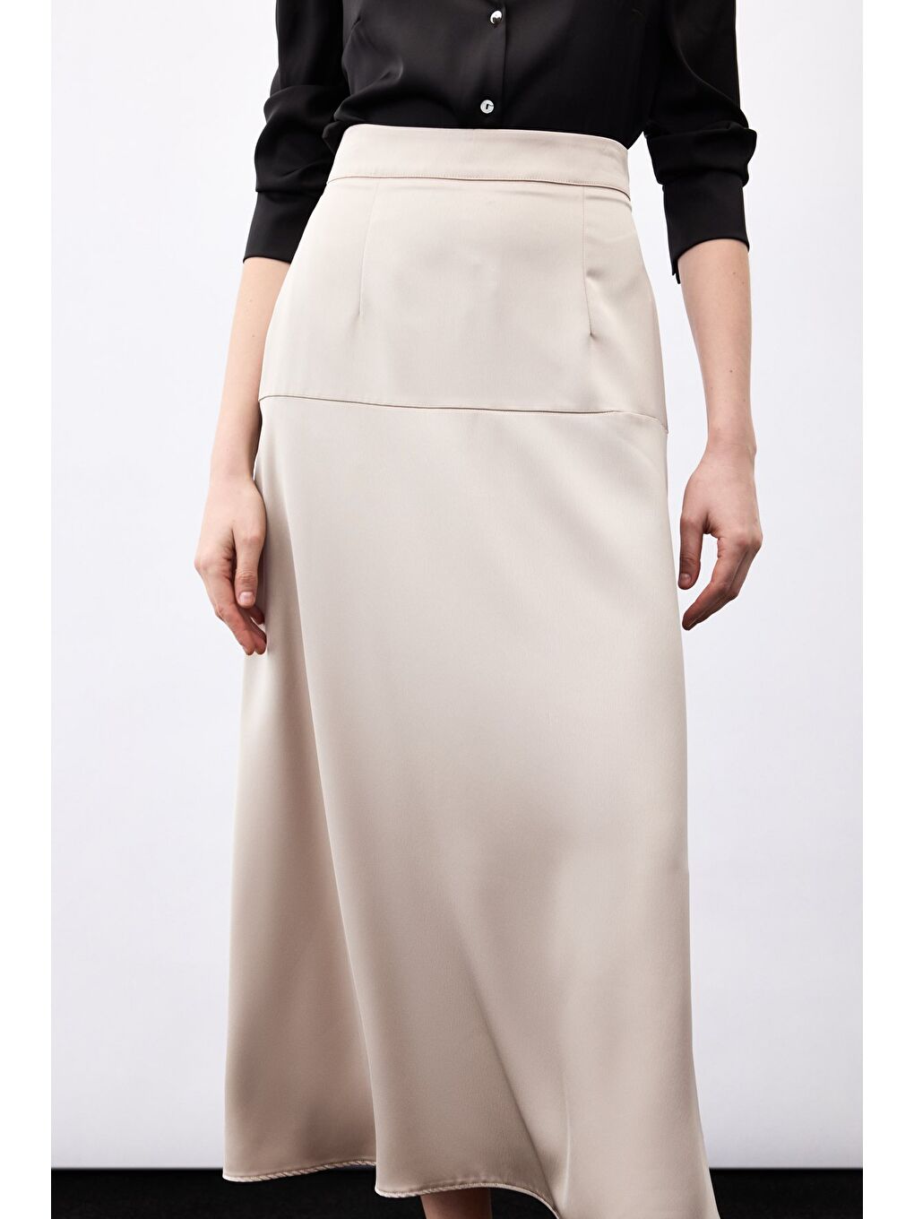 Bej Yüksek Bel Saten Etek - Vizon-3