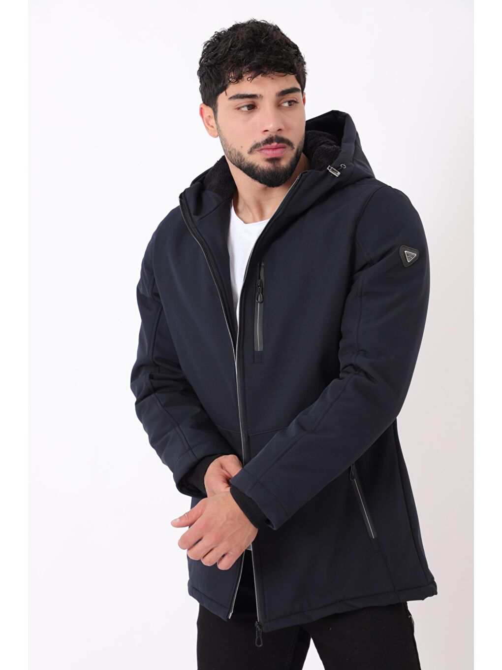 Lacivert Uzay Kapüşonlu İçi Kürklü Softshell Kışlık Mont PLDP 3010_50454