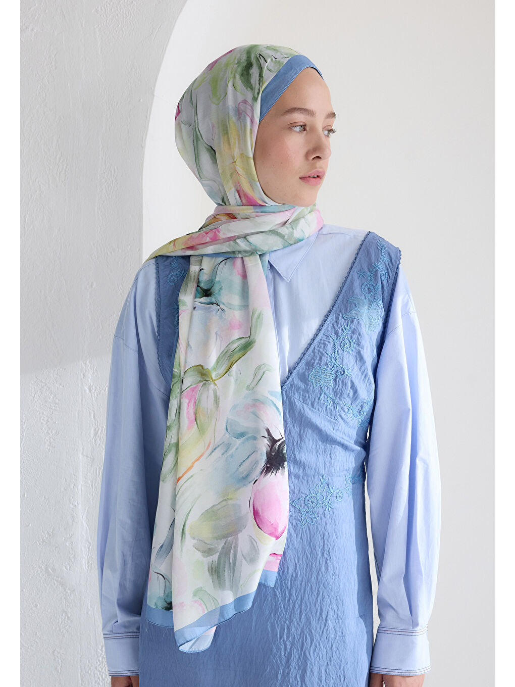 Soft Flora Floş Viskon Şal Mavi-1