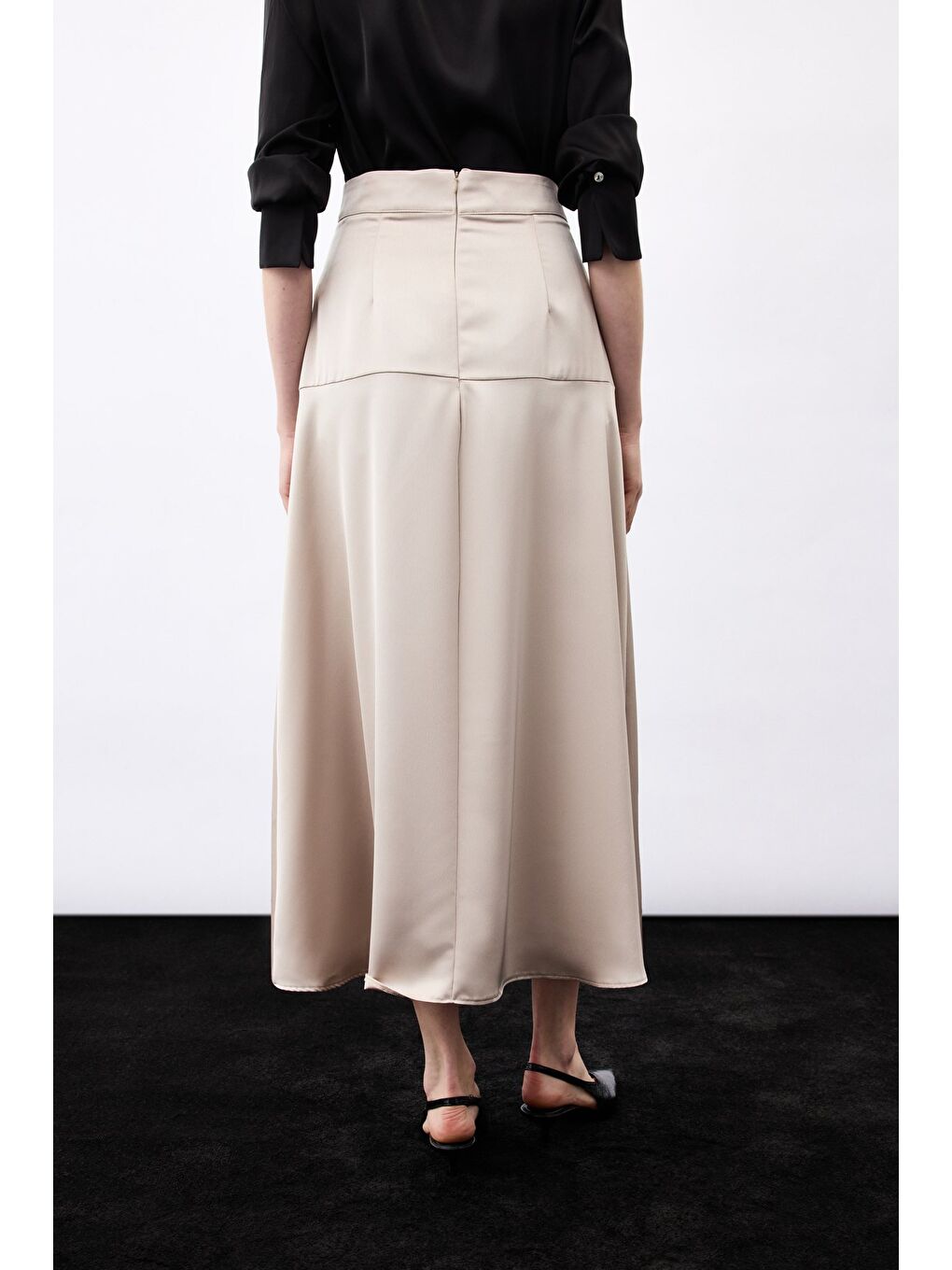 Bej Yüksek Bel Saten Etek - Vizon-4