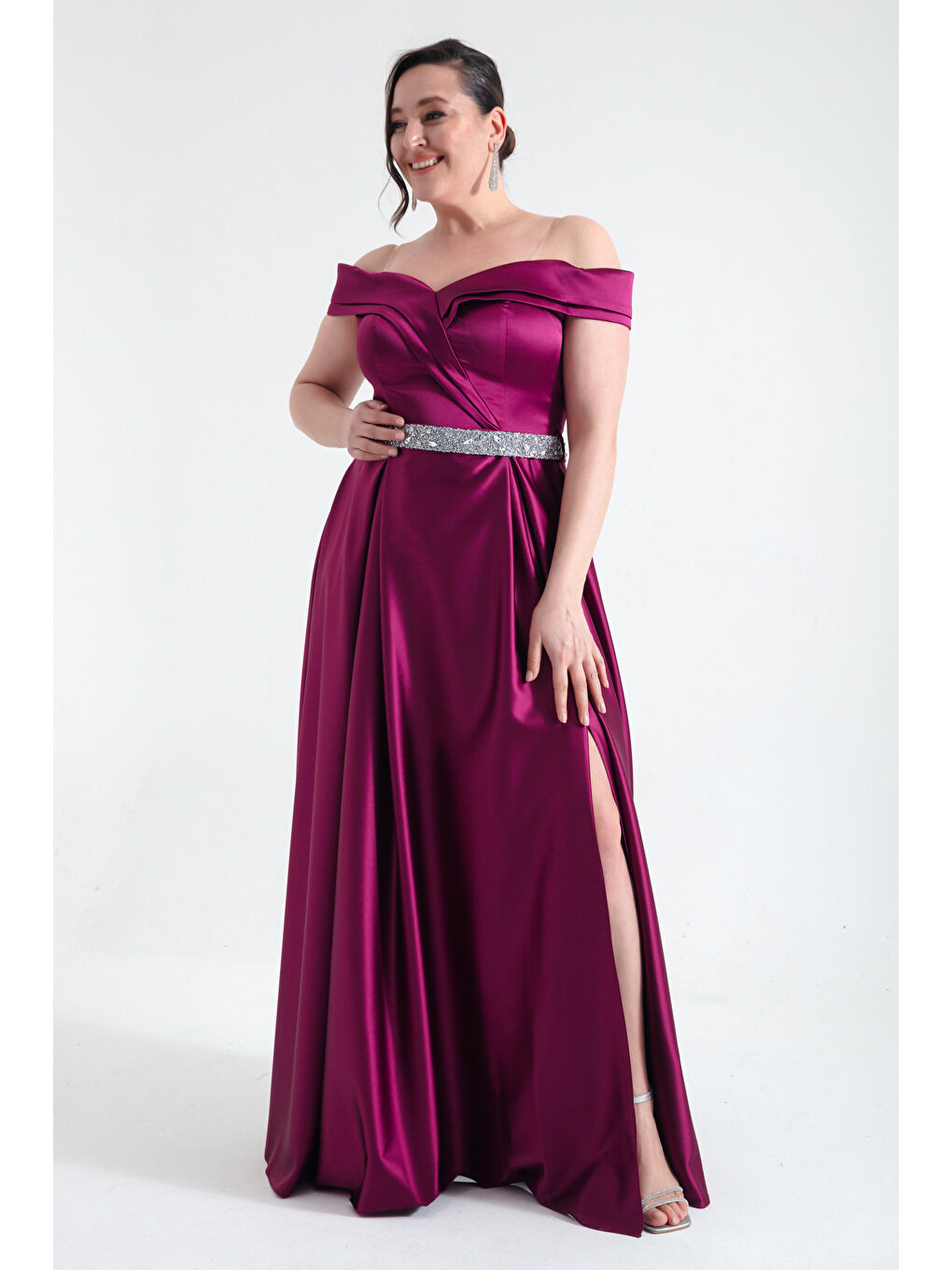 Kadın Mürdüm Kayık Yaka Taşlı Kemerli Büyük Beden Abiye Elbise-1