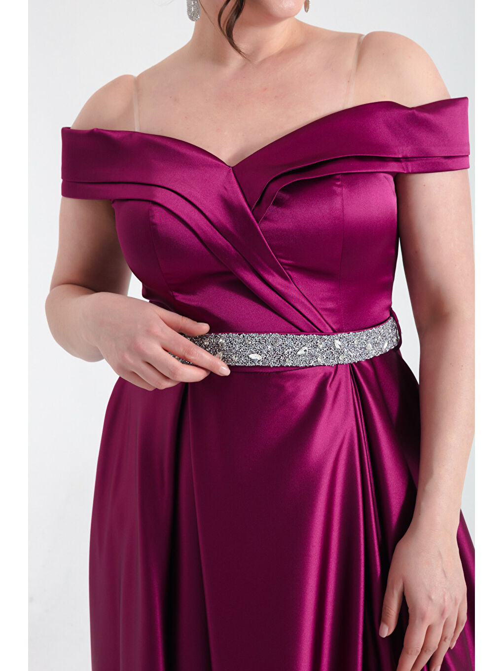 Kadın Mürdüm Kayık Yaka Taşlı Kemerli Büyük Beden Abiye Elbise-2