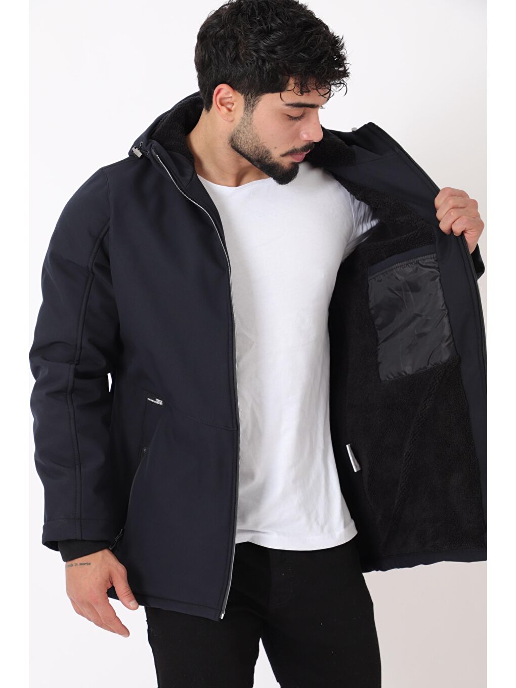 Lacivert Uzay Kapüşonlu İçi Kürklü Softshell Kışlık Mont PLDP 3010_50454-1