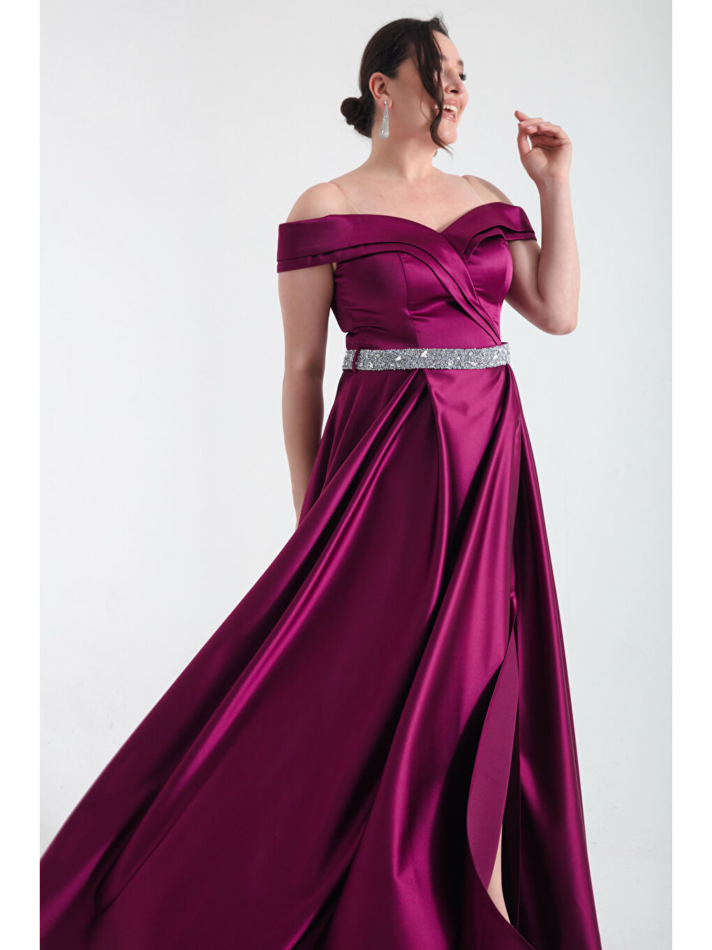 Kadın Mürdüm Kayık Yaka Taşlı Kemerli Büyük Beden Abiye Elbise-3