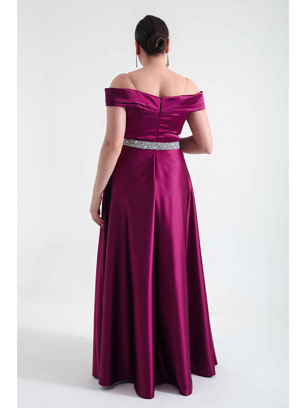 Kadın Mürdüm Kayık Yaka Taşlı Kemerli Büyük Beden Abiye Elbise-4