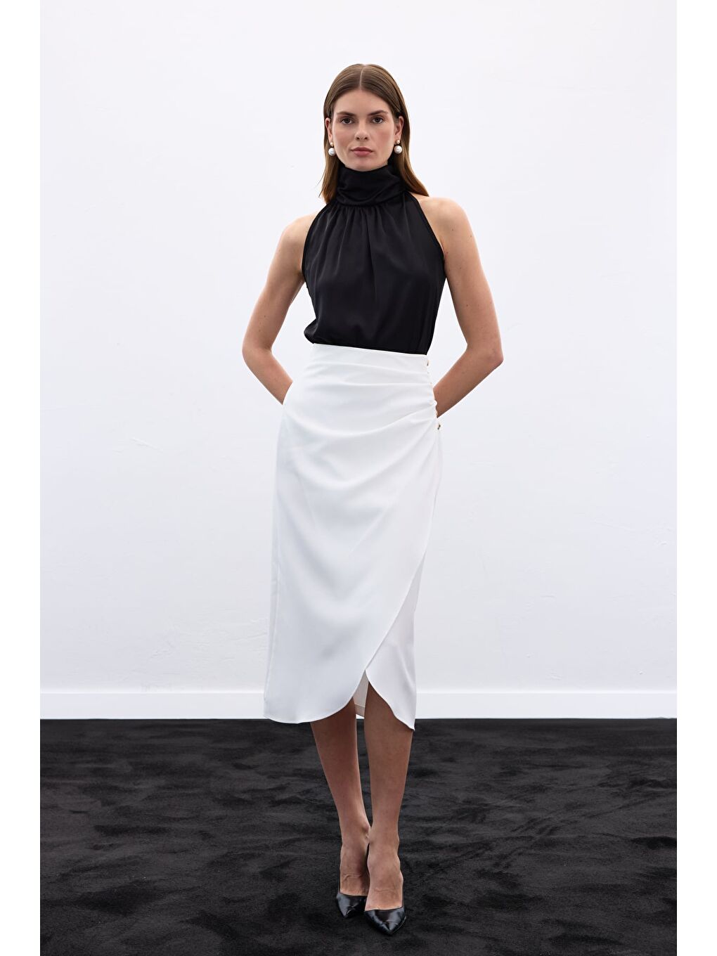 Düğme Detaylı Kalem Etek - Ekru-1